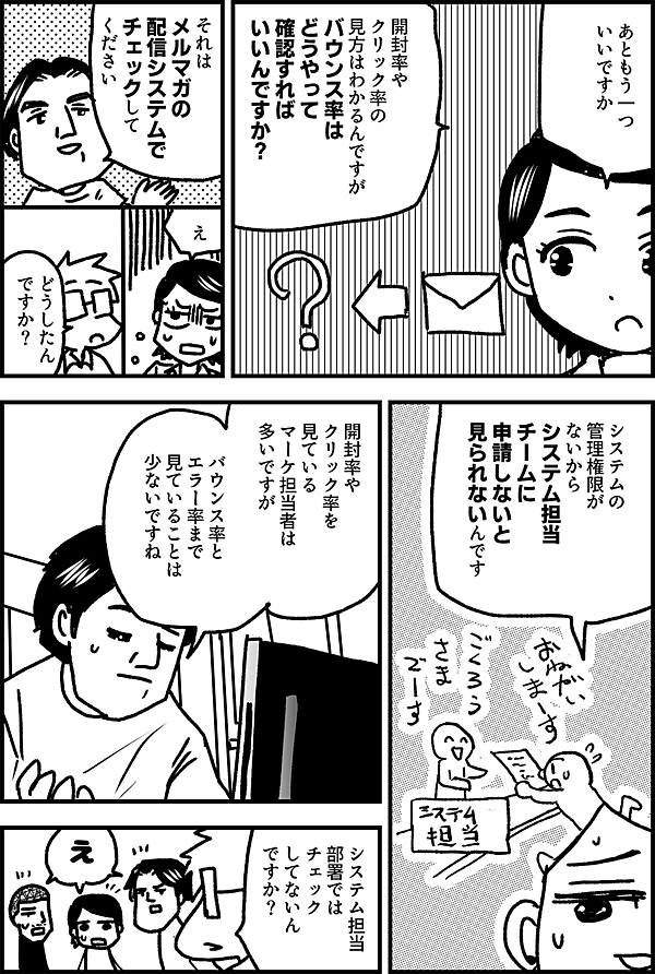 あともう一つ いいですか  開封率やクリック率の  見方はわかるんですが  バウンス率は  どうやって  確認すれば  いいんですか？   それは  メルマガの  配信システムで  チェックして  ください  え  どうしたん ですか？  システムの 管理権限が ないから システム担当 チームに 申請しないと 見られないんです  開封率や クリック率を 見ている マーケ担当者は 多いですが  バウンス率と エラー率まで 見ていることは 少ないですね  システム担当 部署では チェック してないん ですか？  え