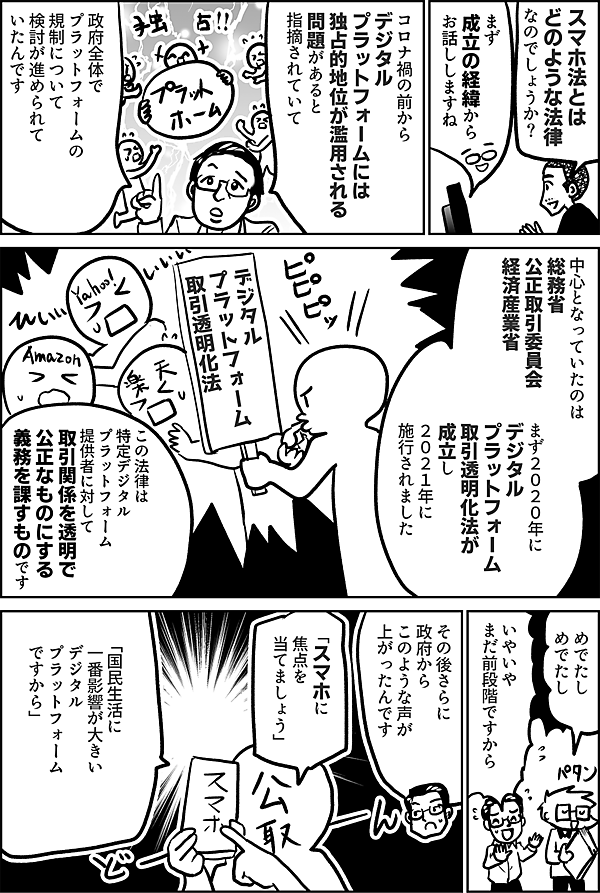 スマホ法とは どのような法律 なのでしょうか？  まず成立の経緯から お話ししますね  コロナ禍の前から デジタル プラットフォームには 独占的地位が濫用される 問題があると 指摘されていて  政府全体で プラットフォームの 規制について 検討が進められて いたんです  中心となっていたのは 総務省 公正取引委員会 経済産業省  まず２０２０年に デジタル プラットフォーム 取引透明化法が 成立し ２０２１年に 施行されました  この法律は 特定デジタル プラットフォーム 提供者に対して 取引関係を 透明で公正なものにする 義務を課す ものです  めでたし めでたし  いやいや まだ前段階ですから  その後さらに 政府から このような声が 上がったんです  「スマホに 焦点を 当てましょう」  「国民生活に 一番影響が大きい デジタル プラットフォーム ですから」