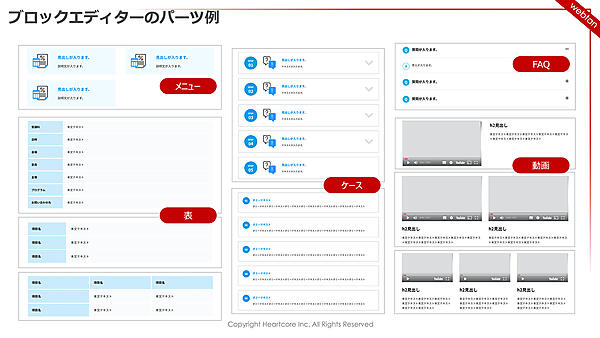 ブロックエディターで使用されるパーツの例