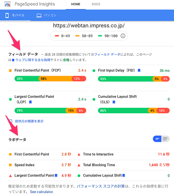 フィールドデータとラボデータの両方をレポートするPageSpeed Insights