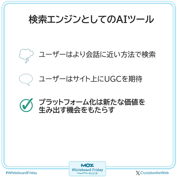 
●検索エンジンとしてのAIツール
ユーザーはより会話に近い方法で検索
ユーザーはサイト上にUGCを期待
プラットフォーム化は新たな価値を生み出す機会をもたらす
