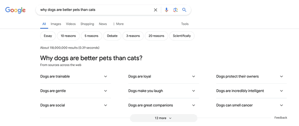 「ペットとして犬が猫より優れているのはなぜか」というクエリに対するグーグル検索結果のスクリーンショット。