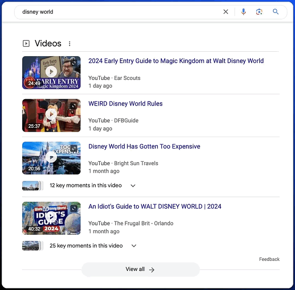 「disney world」（ディスニーワールド）のグーグル検索結果で、動画パックが表示されているスクリーンショット。