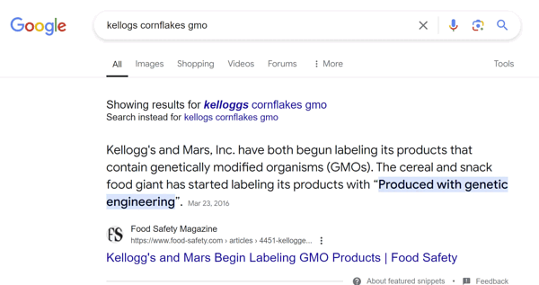 グーグルの検索結果に、ケロッグの遺伝子組み換え成分表示に関する情報の抜粋が表示されている。