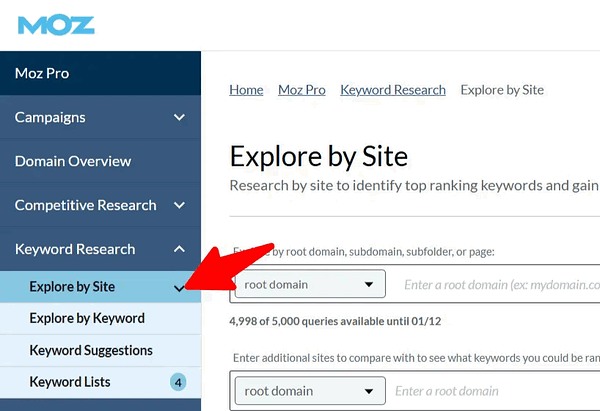 Moz Keyword ExplorerツールのExplore by Siteページ