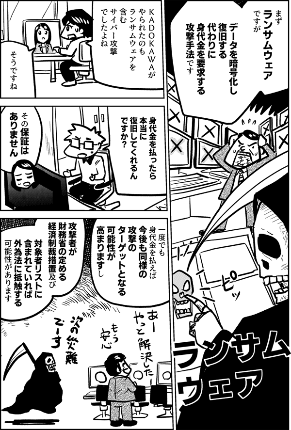 まず ランサムウェアですが データを暗号化し 復旧する代わりに 身代金を要求する 攻撃手法です ランサム ウェア ＫＡＤＯＫＡＷＡが やられたのも ランサムウェアを含む サイバー攻撃 でしたよね そうですね 身代金を払ったら 本当に 復旧してくれるん ですか？ その保証は ありません 一度でも 身代金を払えば 今後も同様の 攻撃のターゲットとなる 可能性が高まりますし 攻撃者が 財務省の定める 経済制裁措置及び対象者リストに 含まれていれば 外為法に抵触する 可能性があります