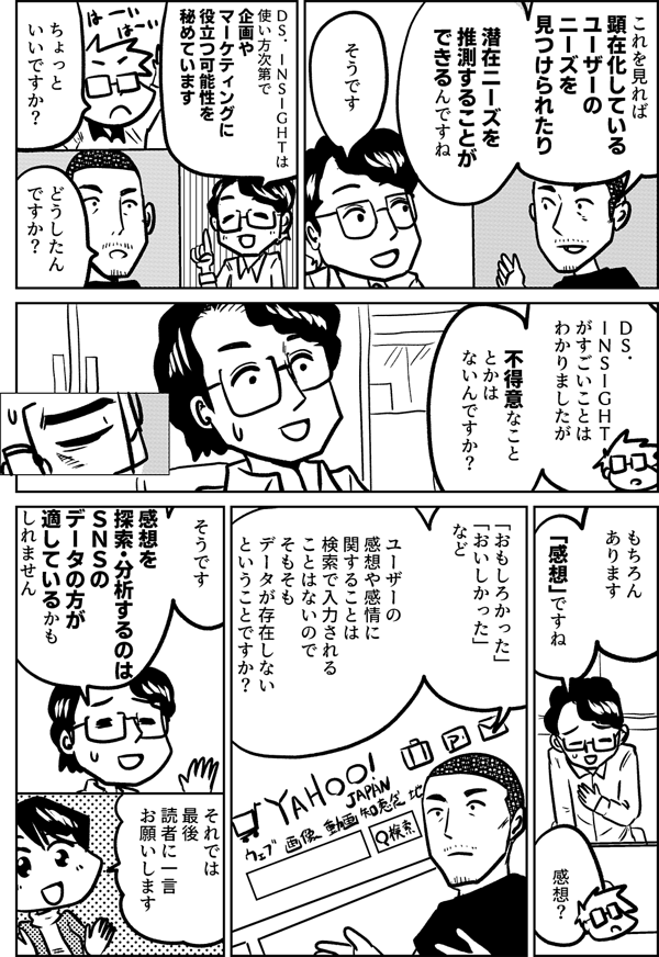 これを見れば 顕在化している ユーザーの ニーズを 見つけられたり 潜在ニーズを 推測することが できるんですね そうです ＤＳ． ＩＮＳＩＧＨＴは 使い方次第で 企画や マーケティングに 役立つ可能性を 秘めています ちょっと いいですか？ どうしたん ですか？ ＤＳ． ＩＮＳＩＧＨＴ がすごいことは わかりましたが 不得意なこと とかは ないんですか？ もちろん あります 「感想」ですね 感想？ 「おもしろかった」 「おいしかった」 「星井さんのマンガ つまらなかった」など ユーザーの 感想や感情に 関することは 検索で入力される ことはないので そもそも データが存在しない ということ ですか？ そうです 感想を 探索・分析するのは ＳＮＳの データの方が 適しているかも しれません それでは 最後 読者に一言 お願いします はい