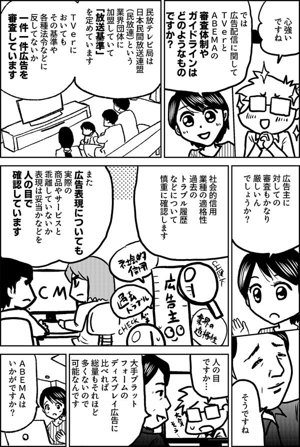 心強い ですね では 広告配信に関して ＴＶｅｒと ＡＢＥＭＡの 審査体制や ガイドラインは どのようなもの ですか？ 民放テレビ局は 日本民間放送連盟（民放連）という業界団体に 加盟していて 「放送基準」 を定めています ＴＶｅｒにおいてもその基準や 各種法令などに反してないか 一件一件広告を審査 しています 広告主に対しての 審査もかなり 厳しいん でしょうか？ そうですね 社会的信用 業種の適格性 過去のトラブル履歴 などについて 慎重に確認します また広告表現についても 実際の商品やサービスと 乖離していないか 表現は妥当かなどを 人の目で確認しています 人の目 ですか… 大手プラットフォームのディスプレイ広告に 比べれば 総量もそれほど 多くないので 可能なんです ＡＢＥＭＡは いかがですか？