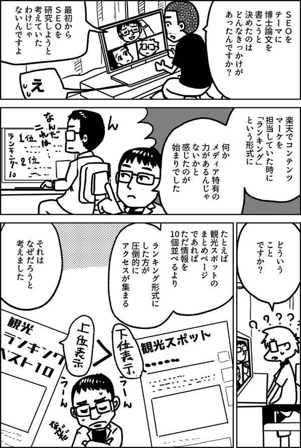 ＳＥＯを テーマに 博士論文を 書こうと 決めたのは どんなきっかけが あったんですか？ 最初から ＳＥＯを 研究しようと 考えていた わけじゃ ないんですよ え 楽天でコンテンツ マーケを 担当していた時に 「ランキング」 という形式に 何か メディア特有の 力があるんじゃ ないかと 感じたのが 始まりでした どういうこと ですか？ たとえば 観光スポットの まとめページ であれば ただ情報を 10個並べるより ランキング形式に した方が 圧倒的に アクセスが集まる それは なぜだろうと 考えました
