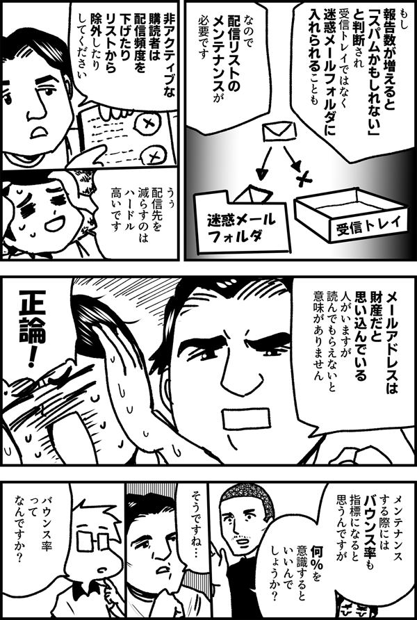 もし 報告数が増えると 「スパムかもしれない」 と判断され 受信トレイではなく 迷惑メールフォルダに 入れられることも なので 配信リストの メンテナンスが 必要です 非アクティブな 購読者は 配信頻度を下げたり リストから除外したり してください うぅ 配信先を 減らすのは ハードル 高いです メールアドレスは 財産だと 思い込んでいる 人がいますが 読んでもらえないと 意味がありません 正論！ メンテナンス する際には バウンス率も 指標になると 思うんですが 何％を 意識すると いいんで しょうか？ そうですね バウンス率 って なんですか？