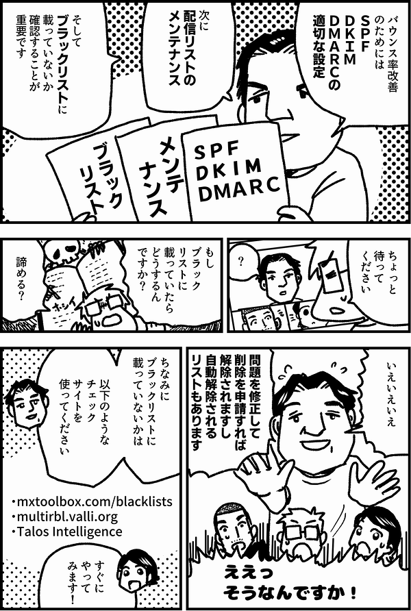 バウンス率改善 のためには ＳＰＦ ＤＫＩＭ ＤＭＡＲＣ の 適切な設定 次に 配信リストの メンテナンス そして ブラックリストに 載っていないか 確認することが 重要です ちょっと 待って ください ？ もし ブラック リストに 載っていたら どうするん ですか？ 諦める？ いえいえいえ 問題を修正して 削除を申請すれば 解除されますし 自動解除されるリストも あります ええっ そうなんですか！ ちなみに ブラックリストに 載っていないかは 以下のような チェックサイトを 使ってください ・mxtoolbox.com/blacklists ・multirbl.valli.org ・Talos Intelligence ドメイン名や アドレスを記入 すぐに やって みます！