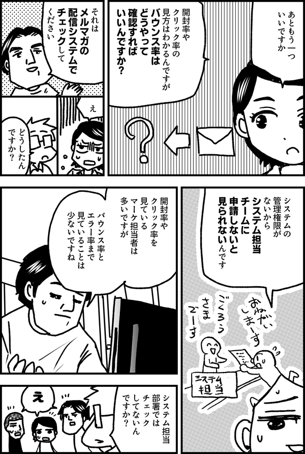 あともう一つ いいですか 開封率やクリック率の 見方はわかるんですが バウンス率は どうやって 確認すれば いいんですか？ それは メルマガの 配信システムで チェックして ください え どうしたん ですか？ システムの 管理権限が ないから システム担当 チームに 申請しないと 見られないんです 開封率や クリック率を 見ている マーケ担当者は 多いですが バウンス率と エラー率まで 見ていることは 少ないですね システム担当 部署では チェック してないん ですか？ え